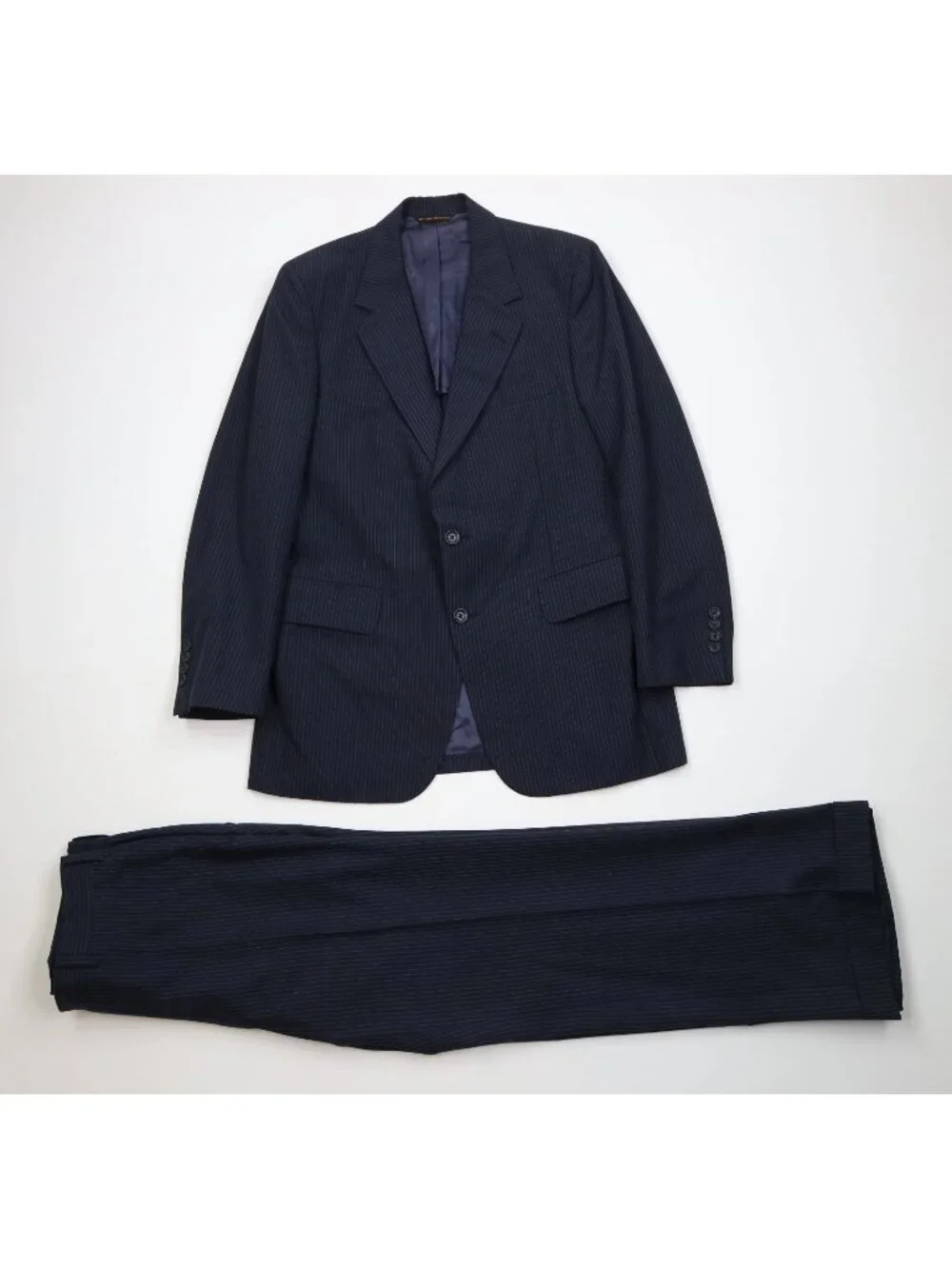 Vtg 70s Mens 38R 2 Piece Pinstriped Wool Suit Wedding Blue Wide Leg 32x29 USA